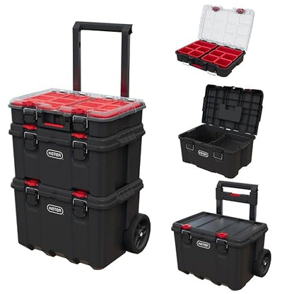 Keter Stack-n-Roll Organizador de herramientas modulares para almacenamiento de cochera y bricolaje, sistema de caja de herramientas rodante de resina de 3 piezas para piezas pequeñas