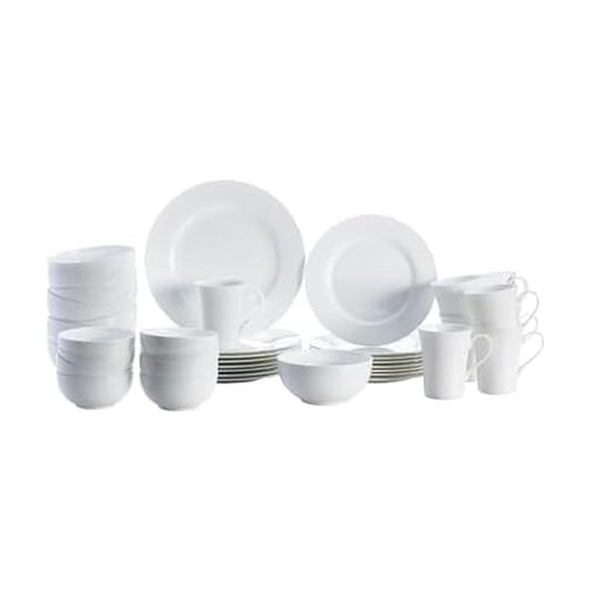 Mikasa Delray - Juego de vajilla blanca de 40 piezas, servicio para 8, platos de porcelana duraderos, cuencos y tazas, apto para lavaplatos y microondas