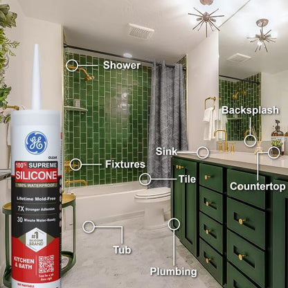 GE Supreme - Calafateo de silicona para cocina y baño, transparente, cartucho de 10 fl oz, 1 paquete - Sellador de silicona 100% impermeable, 7 veces más fuerte, a prueba de encogimiento y grietas