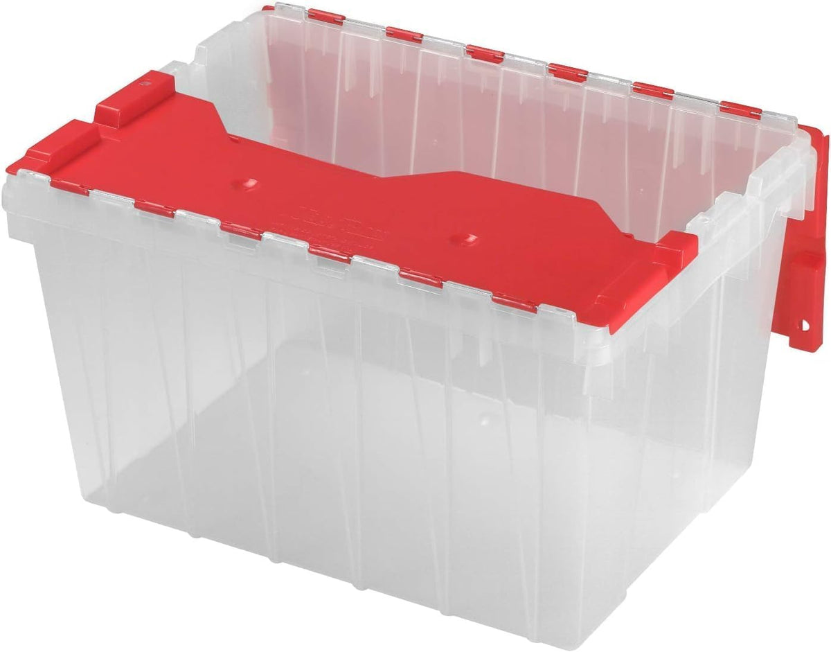 Akro-Mils KeepBox Contenedor de almacenamiento de 12 galones, caja de almacenamiento de plástico apilable y anidable con tapa adjunta, bolsa transparente para garajes, armarios y mudanzas, 21-1/2 x 15