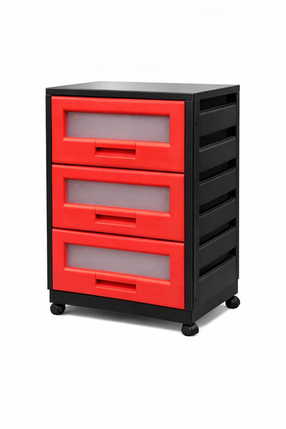 Italhome Mueble De Plástico En Color Negro Rojo Con 3 Cajones, Cajonera Organizador Multiusos Con Ruedas Piave