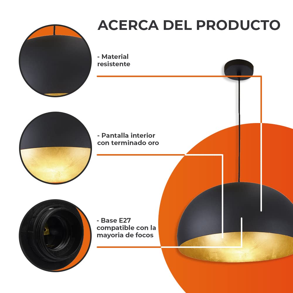 Tecnolite Lámpara Colgante Decorativa, Lampara de Techo para Interior de Casas, Base E27, Modelo 20CTL1941MVN, Terminado: Negro Mate con Interior Dorado, 8.5 Watts