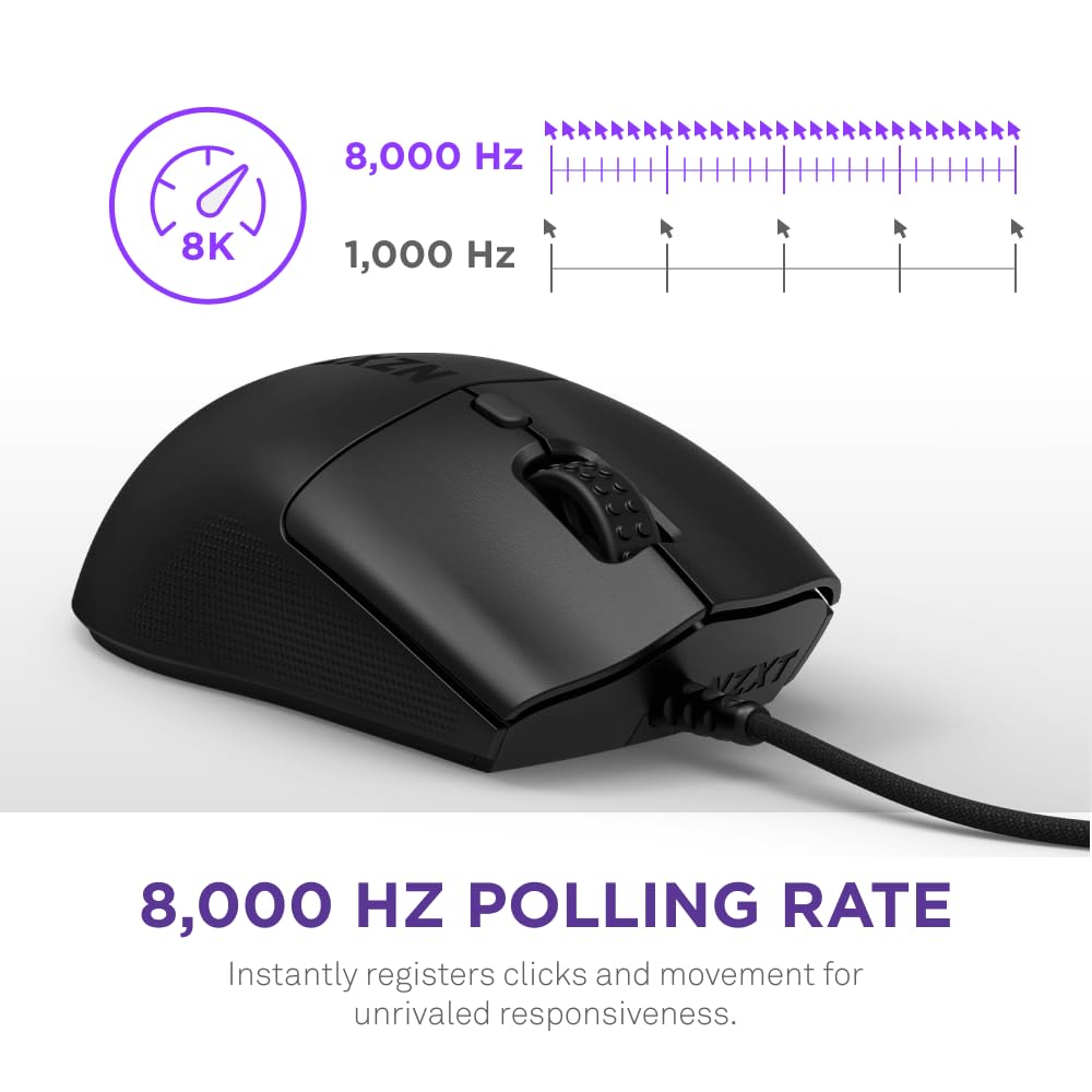 NZXT Lift 2 Ergo | Ratón para Juegos con Cable Ligero y ergonómico | Diseño Ligero de 61 g | Tasa de sondeo de 8K | Interruptores ópticos | Sensor óptico PPP de 26K | Pies de PTFE 100% | Negro