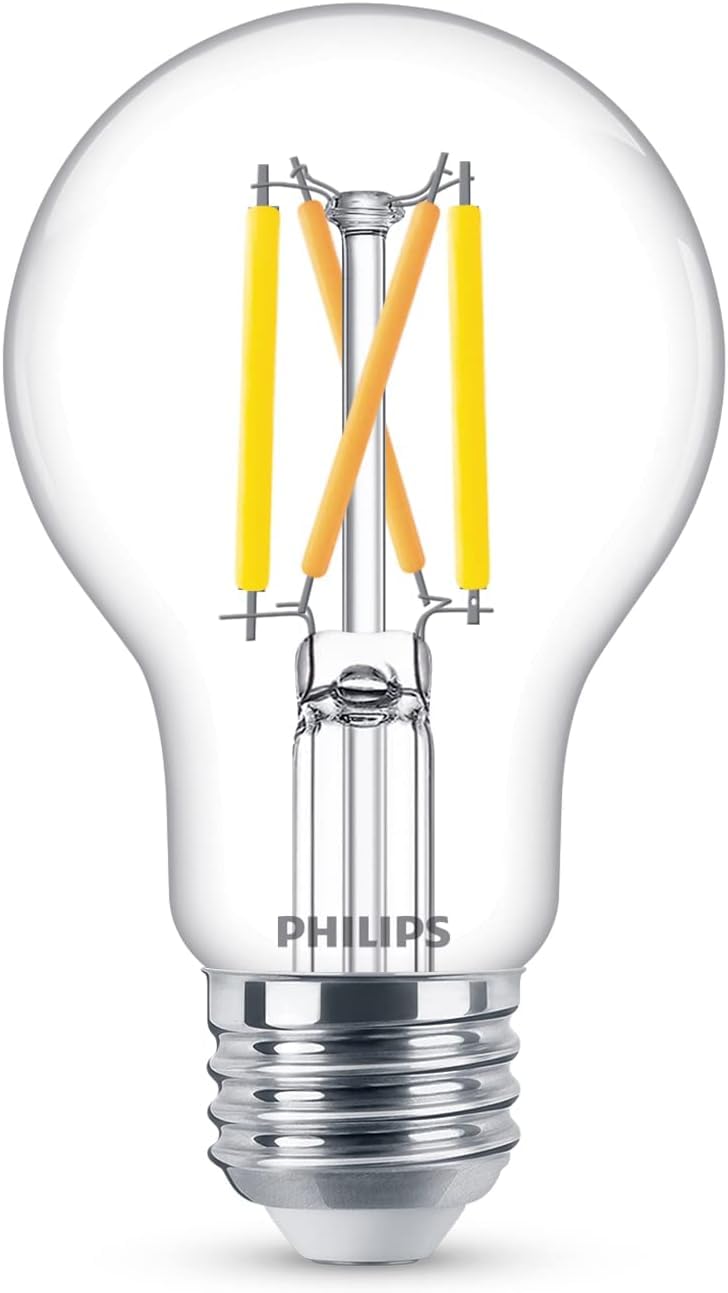 Philips foco LED A19 sin parpadeo transparente regulable, tecnología EyeComfort, 800 lúmenes, blanco suave (2700 K), 8 W = 60 W, base E26, certificado por título 20, ultra definición, interior,