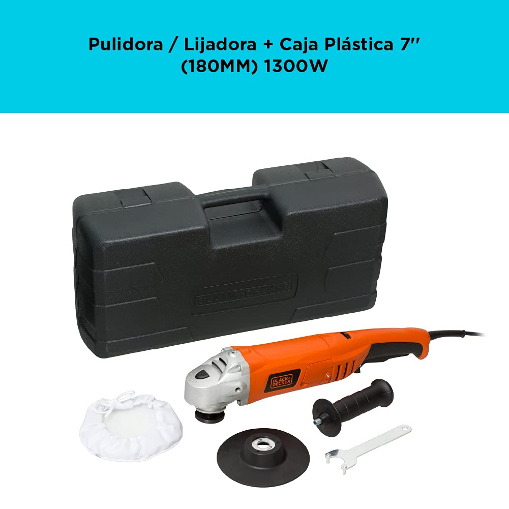 BLACK+DECKER Pulidora y Lijadora 7" (180mm) 1300W con Caja, WP1500K | Pulidora y Lijadora 7" (180mm), 1300W, Incluye Caja para Herramientas