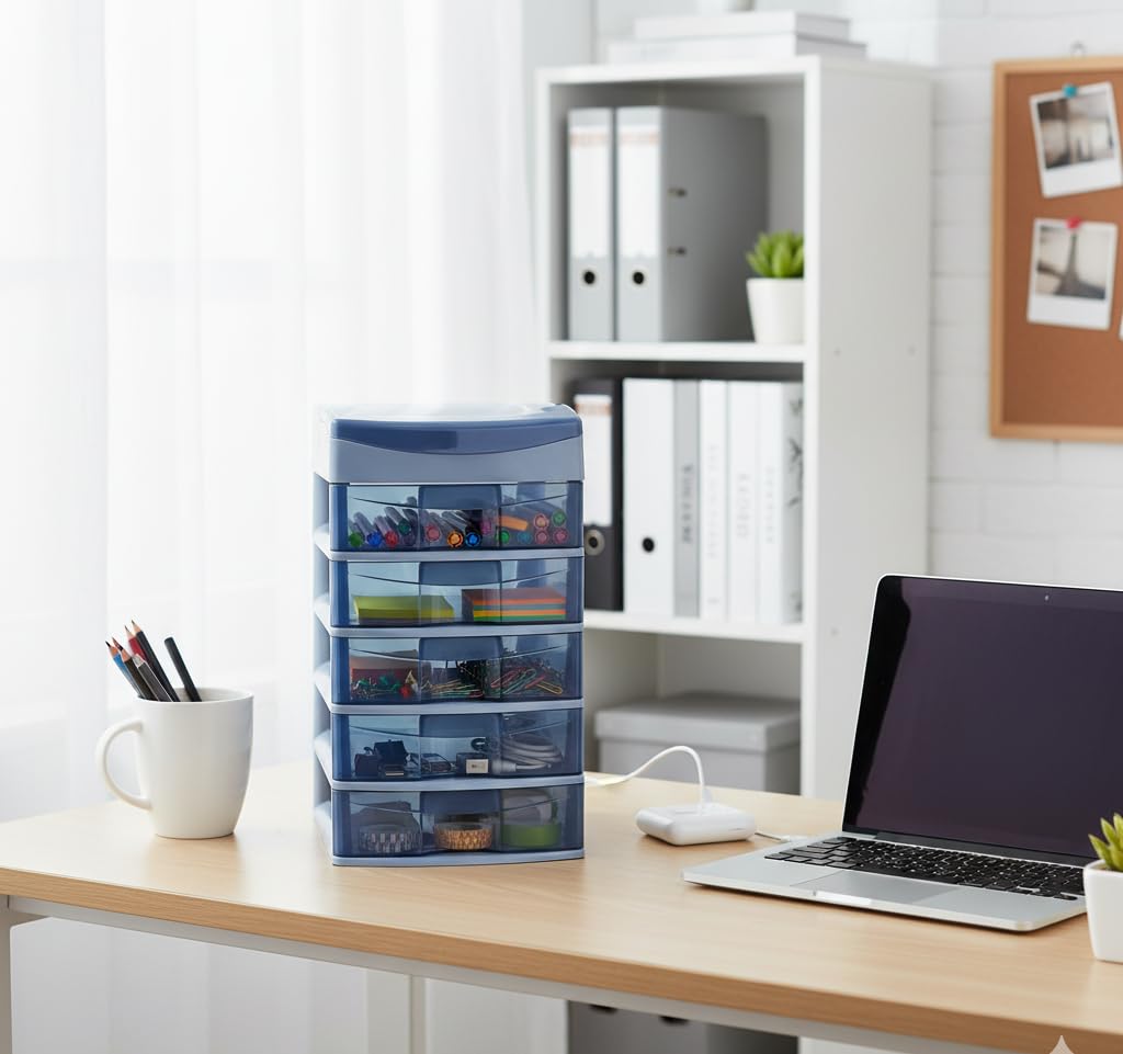 Italhome Cajonera de Plástico Sesia Azul, Mini Organizador de Escritorio Multiusos con 5 Cajones Transparentes