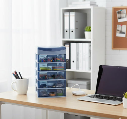 Italhome Cajonera de Plástico Sesia Azul, Mini Organizador de Escritorio Multiusos con 5 Cajones Transparentes