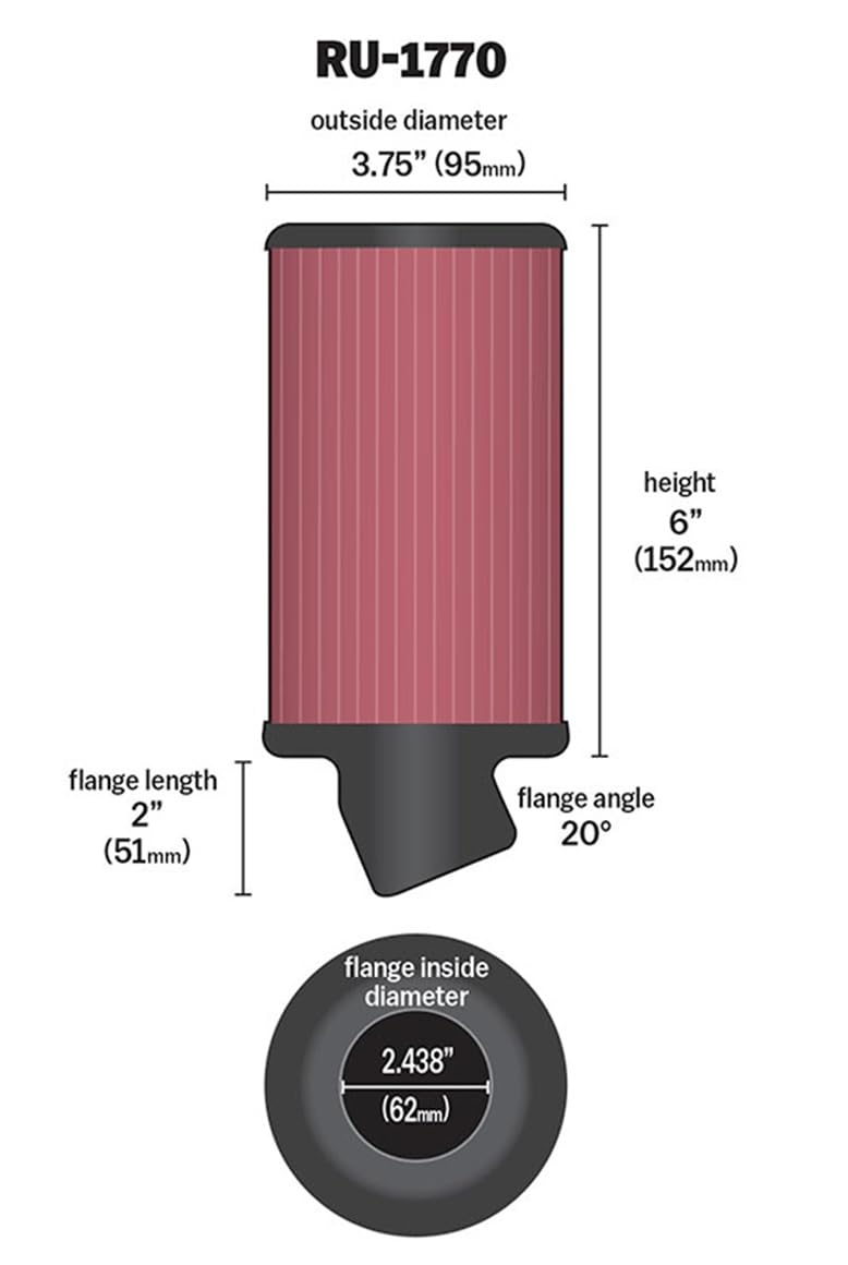 K&N RU-1770 Filtro de Aire Universal de Alto Flujo Lavable, Brida 2.44 in, Altura 6 in, Negro