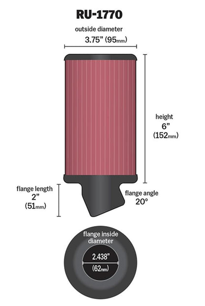 K&N RU-1770 Filtro de Aire Universal de Alto Flujo Lavable, Brida 2.44 in, Altura 6 in, Negro