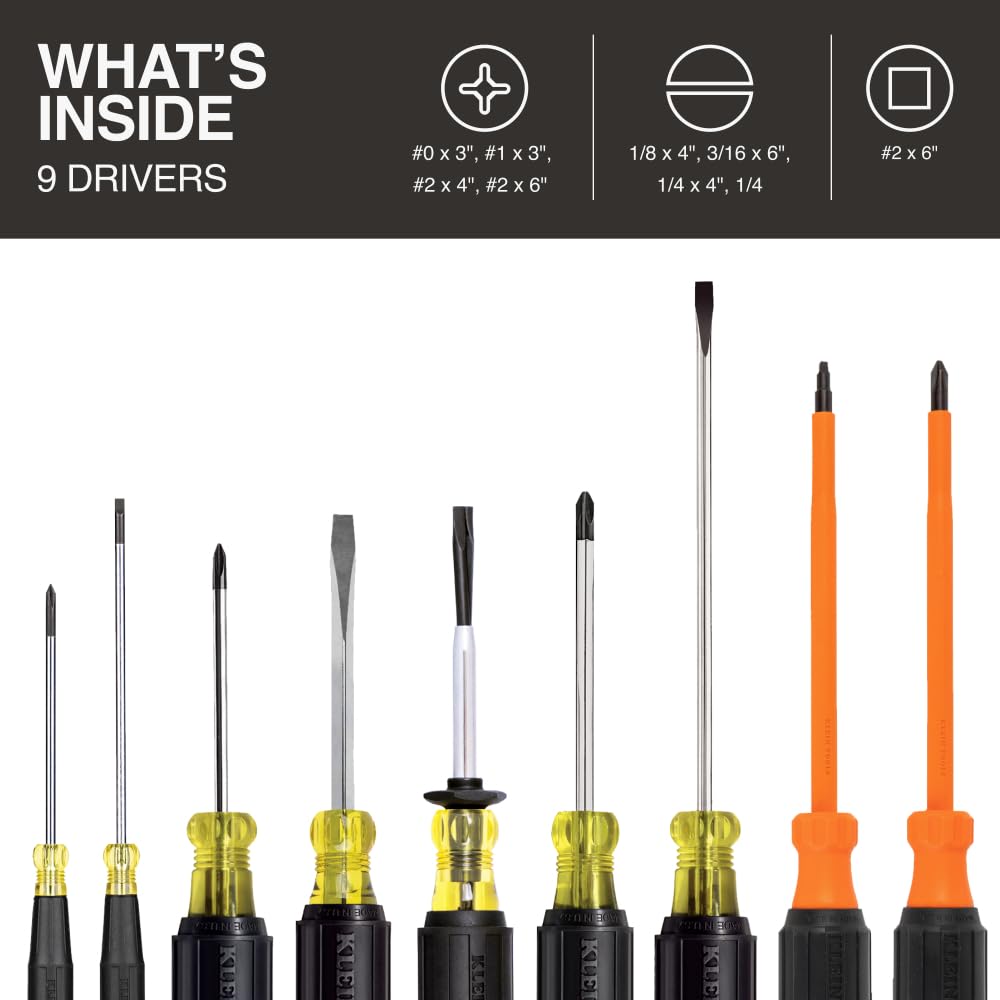 KLEIN TOOLS 85850 | Juego Electricista 9 Piezas | Desarmadores Para Trabajo | Ten 9 herramientas esenciales para trabajos eléctricos en un solo juego, con opciones Phillips, ranuradas y aisladas.