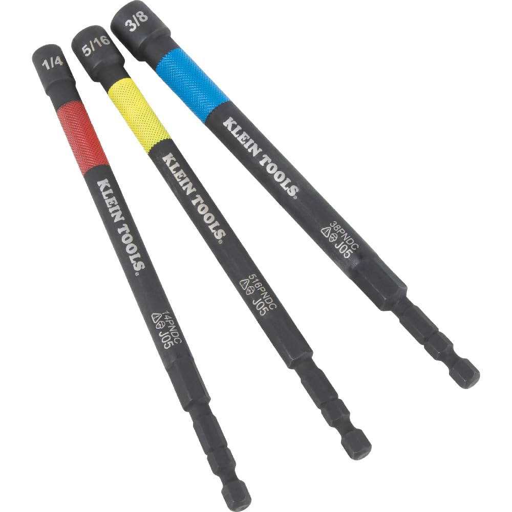 Klein Tools 65411PK3 Juego de tuercas eléctricas magnéticas codificadas por colores, unidad hexagonal de impacto de 1/4 pulgadas, eje de 5 pulgadas, alcance extendido, 3 piezas