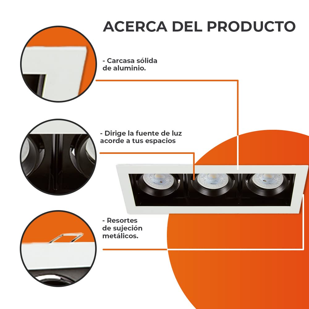 Tecnolite Lámpara Downlight Empotrable Dirigible, Potencia Máx. 180 W, 3 Bases GX5.3/GU10, No incluye focos