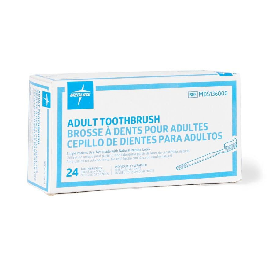 Medline MDS136000 Latex Free Individually Wrapped Adult Toothbrushes (Pack of 144)