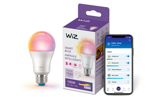 Bombillas LED inteligentes WiZ Connected de 100W A19 - Color - Se conecta a tu Wi-Fi - E26 - Bombilla inteligente - Control con voz o aplicación + Activación con movimiento - Compatible con Matter