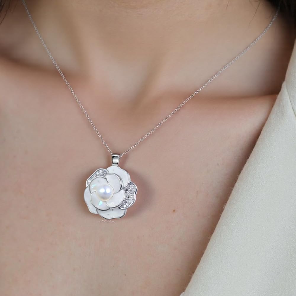 XYPHIELLE Collar de Plata 925 con Dije de Camelia para Mujer, Cadena Elegante con Perla, Joyería de Lujo para Regalo de Amor, Aniversario y Bodas