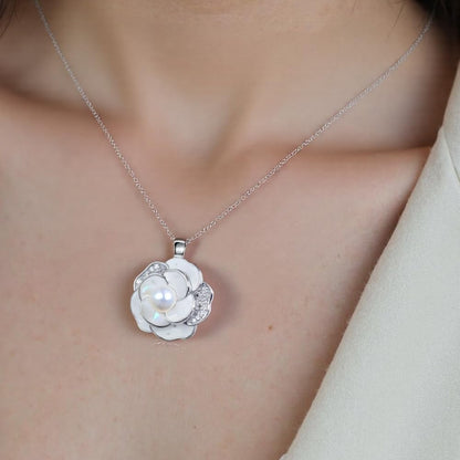 XYPHIELLE Collar de Plata 925 con Dije de Camelia para Mujer, Cadena Elegante con Perla, Joyería de Lujo para Regalo de Amor, Aniversario y Bodas