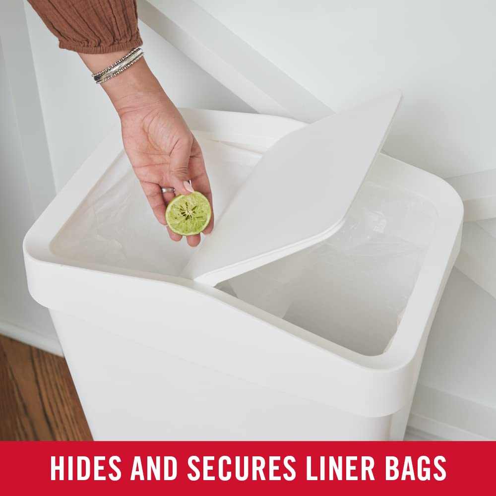 Rubbermaid – Contenedor para Residuos con Tapa Abatible que Ayuda a Contener los Olores, Bote de Perfil Delgado para Cocina, Lavandería y Despensa, Capacidad de hasta 46 L, Blanco 2170116