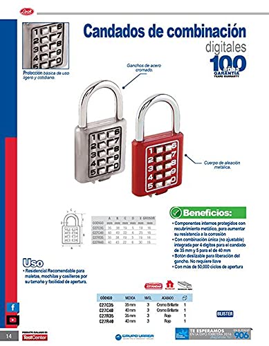 Lock C27R40 Candado de combinación, rojo, 40 mm