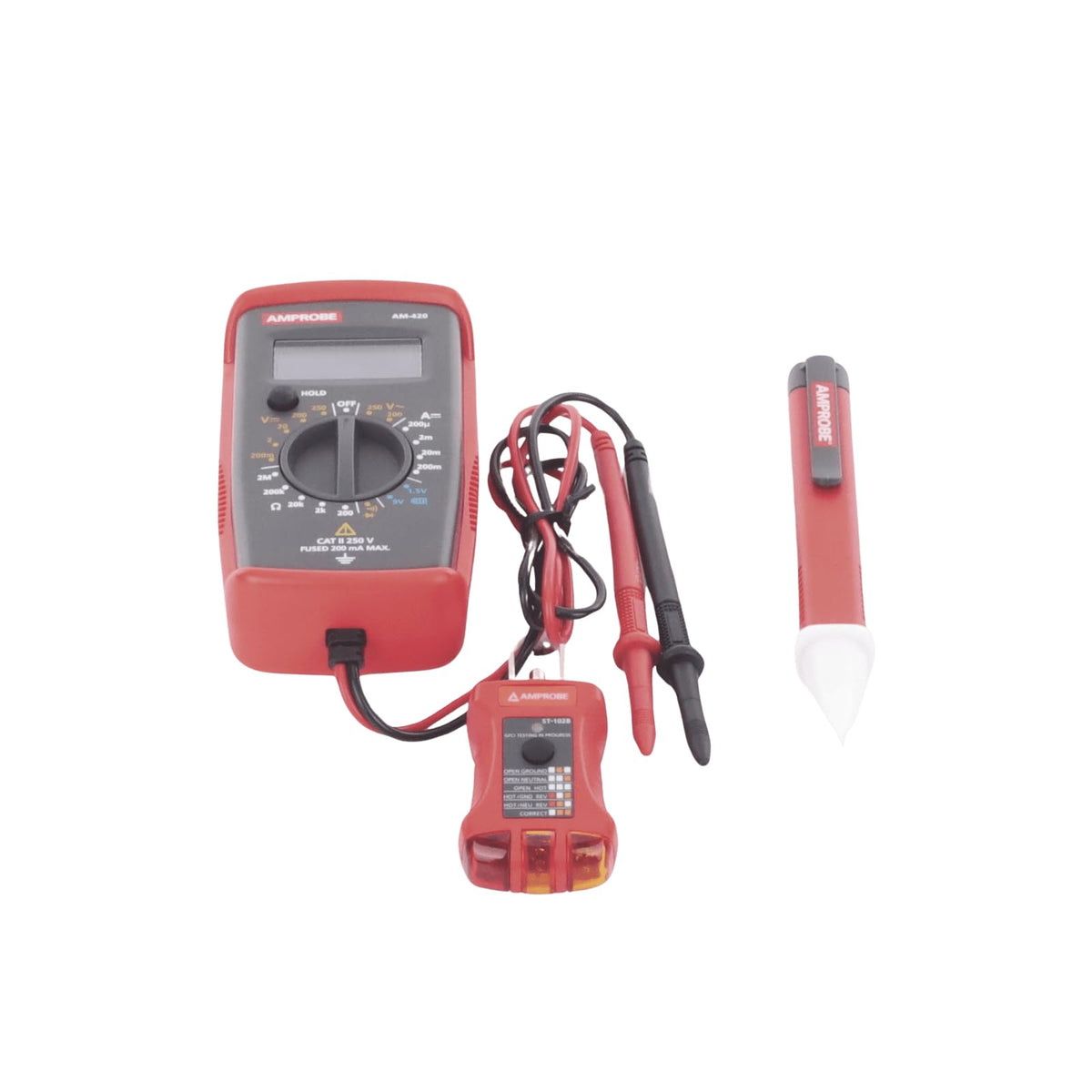 Amprobe PK-110 Kit Prueba Eléctrica Residencial: Multímetro AM-420 + Detector NCV VP-1000 + Probador Tomas ST-102B con GFCI Mide AC/DC hasta 300 V