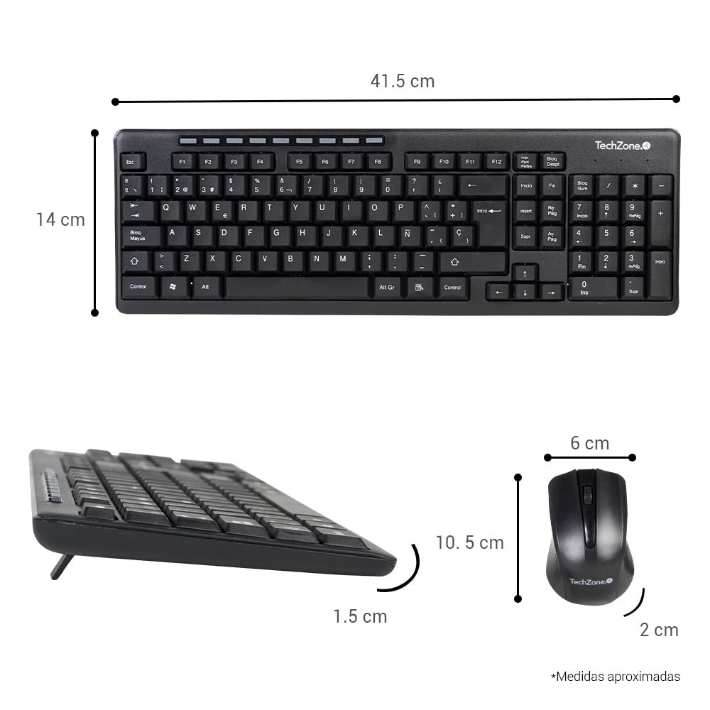 TECHZONE Kit Mouse y Teclado Inalámbrico Color Negro con Teclas de Navegación de Fácil Acceso, Resistentes al Desgaste. Mouse con Precisión de Movimiento, hasta 10 MTS de Alcance. Incluye Baterías.