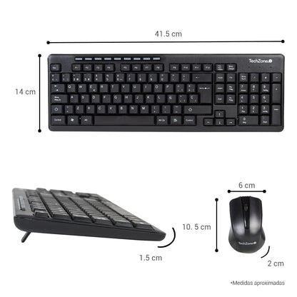 TECHZONE Kit Mouse y Teclado Inalámbrico Color Negro con Teclas de Navegación de Fácil Acceso, Resistentes al Desgaste. Mouse con Precisión de Movimiento, hasta 10 MTS de Alcance. Incluye Baterías.