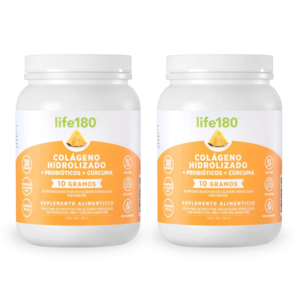Life180 Colágeno Hidrolizado con Biotina y Vitamina E Sabor Naranja, Pack de 2 - Probióticos y Prebióticos - 2 Pack - 390 gr. c - u