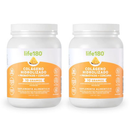 Life180 Colágeno Hidrolizado con Biotina y Vitamina E Sabor Naranja, Pack de 2 - Probióticos y Prebióticos - 2 Pack - 390 gr. c - u