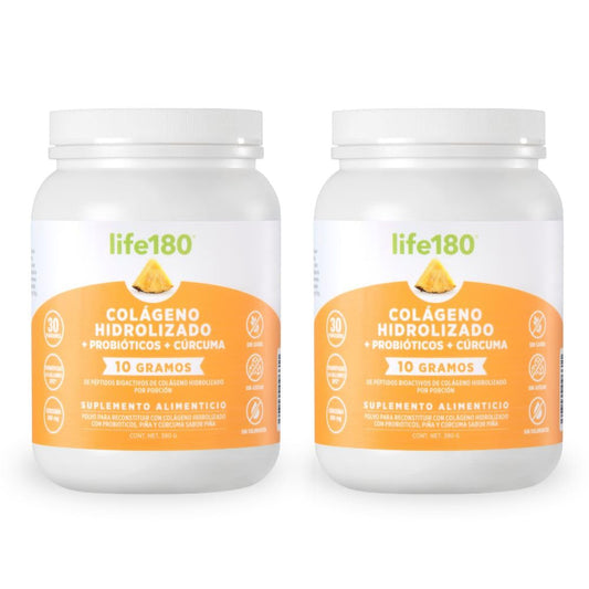Life180 Colágeno Hidrolizado con Biotina y Vitamina E Sabor Naranja, Pack de 2 - Probióticos y Prebióticos - 2 Pack - 390 gr. c - u