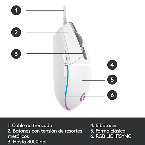 Logitech G203 LIGHTSYNC Mouse Ergonómico con Cable, Iluminación RGB Personalizable, 6 Botones Programables, Seguimiento de hasta 8,000 dpi, Ultra-Ligero - Color Blanco