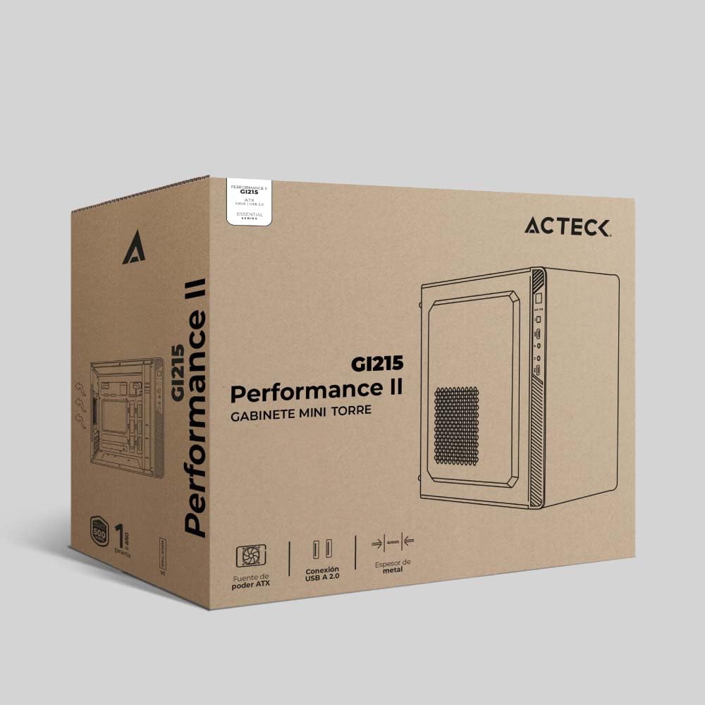 Acteck Gabinete Micro Torre Performance II GI215 / MAX MB M-ATX Fuente ATX Plus 500w / 2xUSB 2.0 / Full Metalico + Frente Solido/Negro