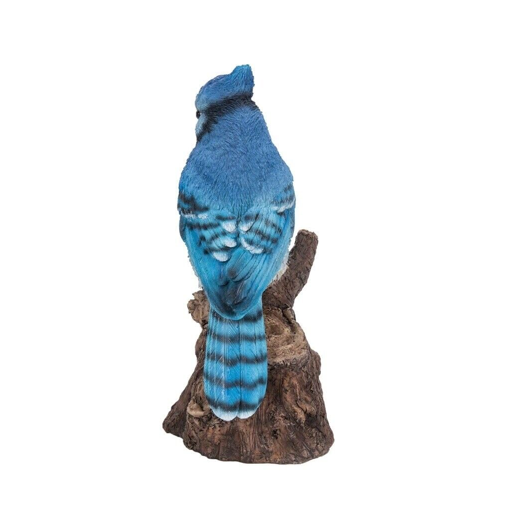 Hi-Line Gift Motion Activated Singing Blue Jay de pie en tocón