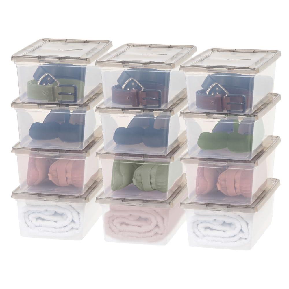 IRIS USA Bin de Almacenamiento Clara/Gris, Libre de BPA, Apilable con Tapa, Paquete de 10, para Organizar Zapatos/Estantes de Armario, Herramientas de Aula, Almacenamiento de Juegos, Clara/Gris