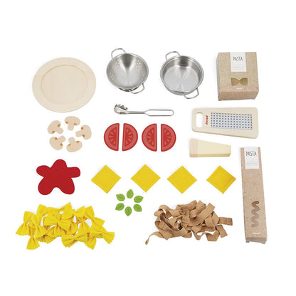Janod - Pasta Mix - Juguete de Imitación Cocina y Vajilla - 58 Elementos de Madera, Cartón y Fieltro - Certificado FSC - Pintura al Agua - A Partir de 3 Años.