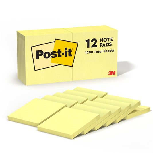 POST-IT 3M Notas Adhesivas Reposicionables Amarillo Canario 1200 hojas | Ideales para planear y organizar, Adhesivo original, 76 x 76 mm, Multiusos, 12 pads con 100 piezas c/u