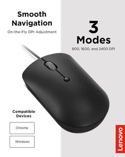 Lenovo 400 USB-C - Mouse con Cable Compacto - Mouse portátil Compatible con Bolsillo para portátil o Monitor de computadora Grande, Color Negro