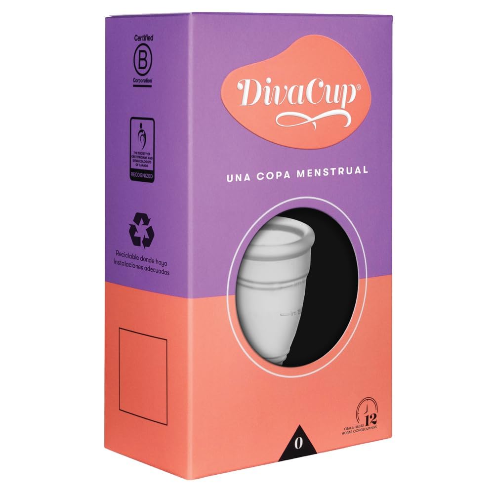 DivaCup Copa Menstrual Reutilizable Modelo 0 – 100% Silicona Médica, Hasta 12 Horas de Protección, Sin BPA ni Látex, Ecológica y Cómoda para Uso Diario