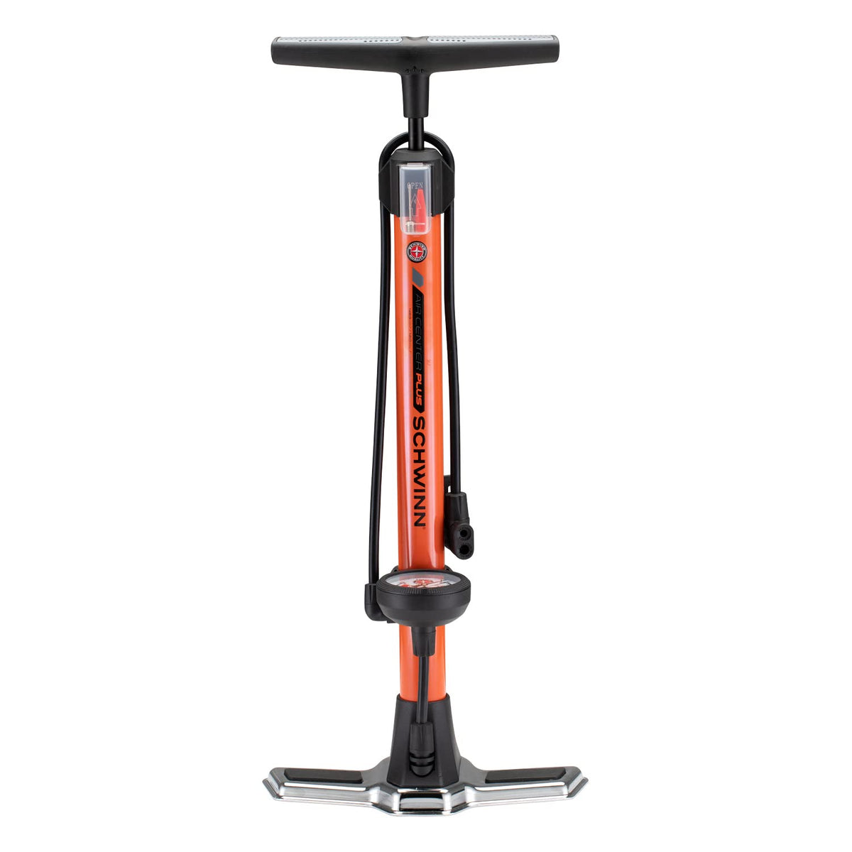 Schwinn Air Center Inflador de Piso para , Compatible con Tipos de válvula Schader y Presta, Incluye Aguja para inflar balones Deportivos para Voleibol, fútbol, y , Color Negro