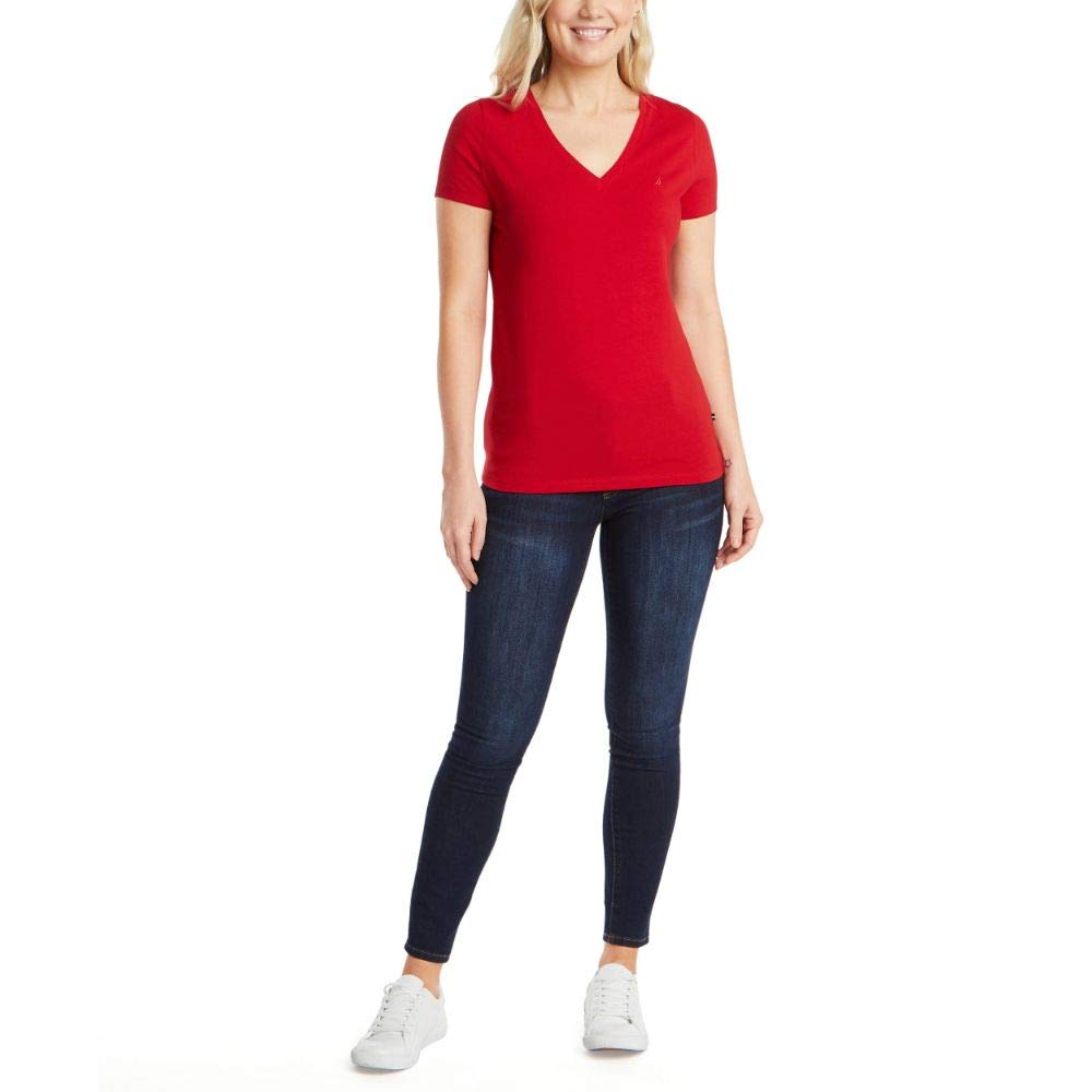 Nautica Playera de algodón elástico súper Suave con Cuello en V fácil Comodidad Camiseta para Mujer