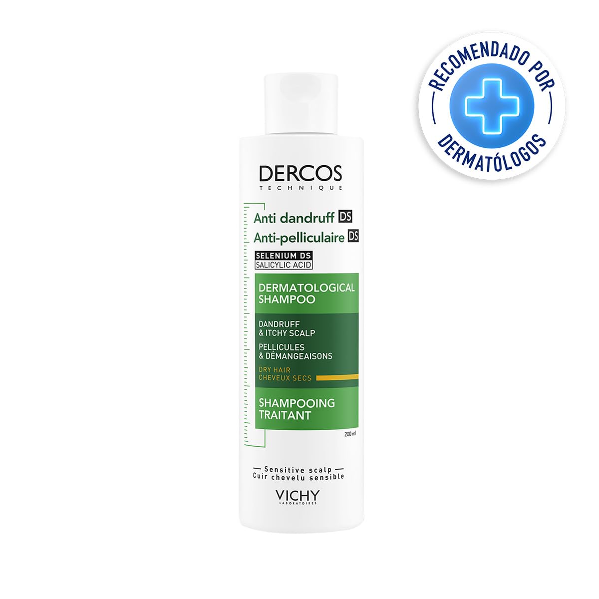 Vichy Dercos Shampoo Dermatológico Anti-Caspa Cabello Normal a Seco 200ml | Elimina 100% de Caspa Visible y su Reaparición, Reduce Comezón desde 1er Uso, con Ácido Salicílico y Selenio DS