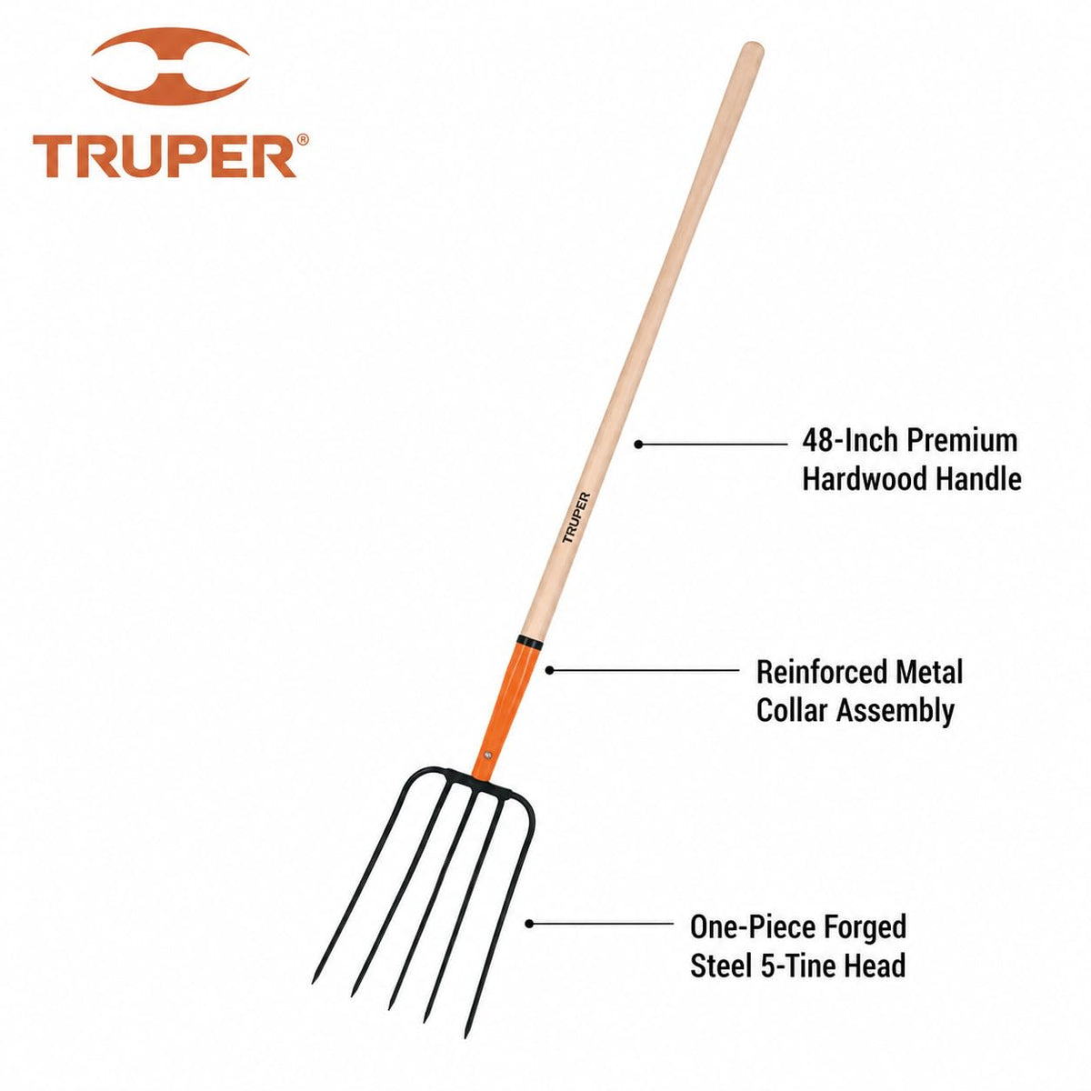Truper BPJ-5, Bieldo para paja, 5 dientes, mango 48"