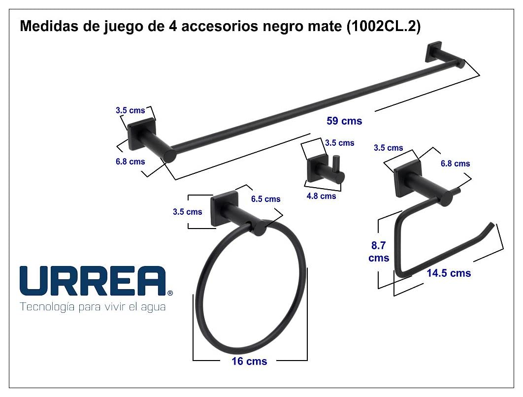 Urrea 1002CL.2 Juego de Accesorios para Baño de 4 Piezas, Acabado Negro, Toallero de Barra Grande, Toallero de Argolla, Portarollo, Gancho