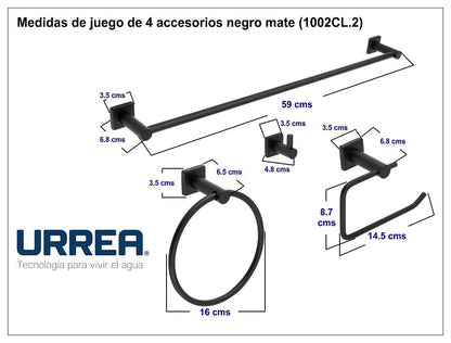 Urrea 1002CL.2 Juego de Accesorios para Baño de 4 Piezas, Acabado Negro, Toallero de Barra Grande, Toallero de Argolla, Portarollo, Gancho