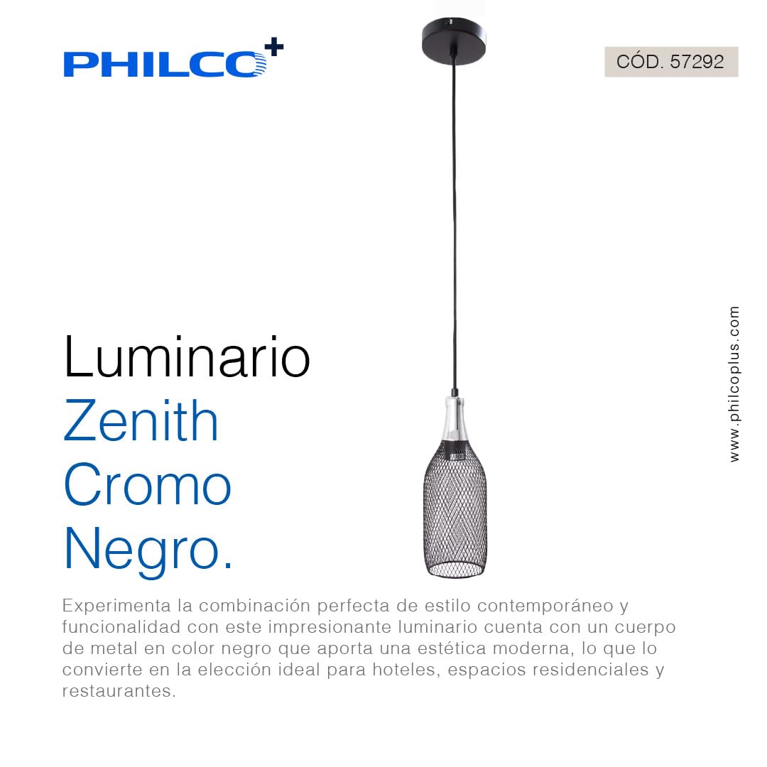 Philco Luminario Zenith Cromo Negro. Cuerpo de metal negro para suspender, base E26, acabado en cromo birllante, exclusivo para interiores. Cable de suspensión de 1 metro