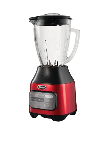 Oster Licuadora 800 W con Vaso de Vidrio de 1.5 L, 2 Programas Automáticos | 3 Velocidades + Pulso, motor reversible, acople metálico y cuchilla que tritura hielo, rojo, BLSTPEG-CRT