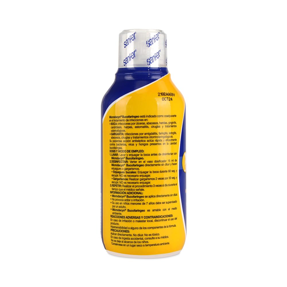 Microdacyn Bucofaríngeo Antiséptico Bucal Enjuague Gargarismos Sin Alcohol | Enjuague y gargarismos para boca y garganta, alivia gingivitis, amigdalitis y candidiasis, sin alcohol, 240Ml