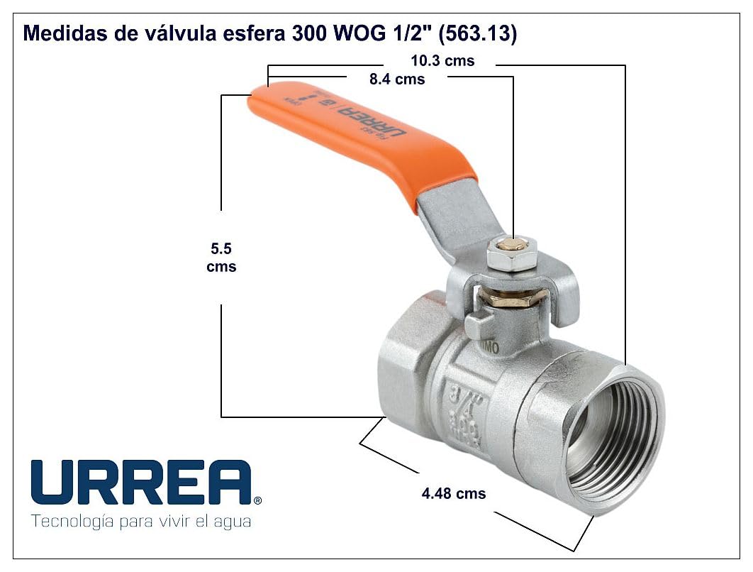 URREA 563.13 Válvula de Esfera Roscable 300 WOG 1/2”, Válvula de Bola con Palanca, Niquelado
