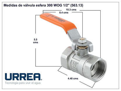 URREA 563.13 Válvula de Esfera Roscable 300 WOG 1/2”, Válvula de Bola con Palanca, Niquelado