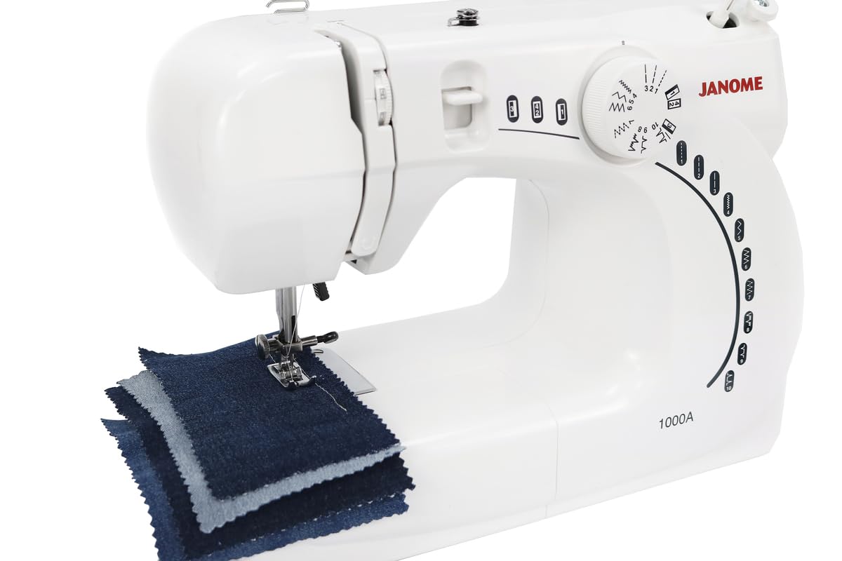 Janome 1000A Máquina de Coser Mecánica Portátil, 6 Puntadas, Ojal en 4 Pasos y Brazo Libre – Ideal para Principiantes y Mezclilla
