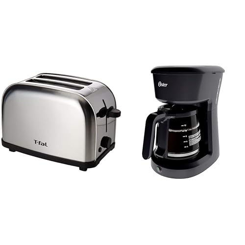 Tostador de Pan T-Fal TT330DMX Ultra Toaster Compacto Inox para dos panes con 6 niveles de temperatura de 700W y acero inoxidable + Cafetera de 12 tazas Oster® negra sistema de switch BVSTDCS12B013