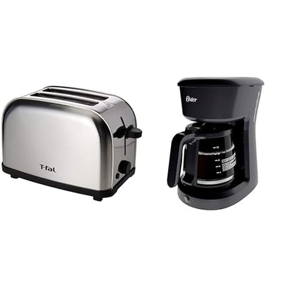 Tostador de Pan T-Fal TT330DMX Ultra Toaster Compacto Inox para dos panes con 6 niveles de temperatura de 700W y acero inoxidable + Cafetera de 12 tazas Oster® negra sistema de switch BVSTDCS12B013